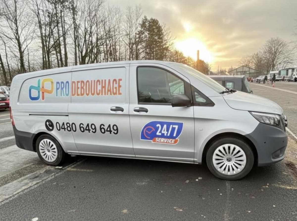 The Pro Débouchage van at sunrise, the number 0480 649 649 on the side.